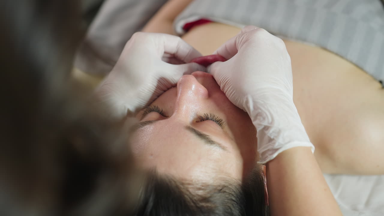 High angle view of lower lips of elegant fair lady covered with blanket gently pressed and smoothed by skin expert wearing protective gloves during facial massage session under bright lamp