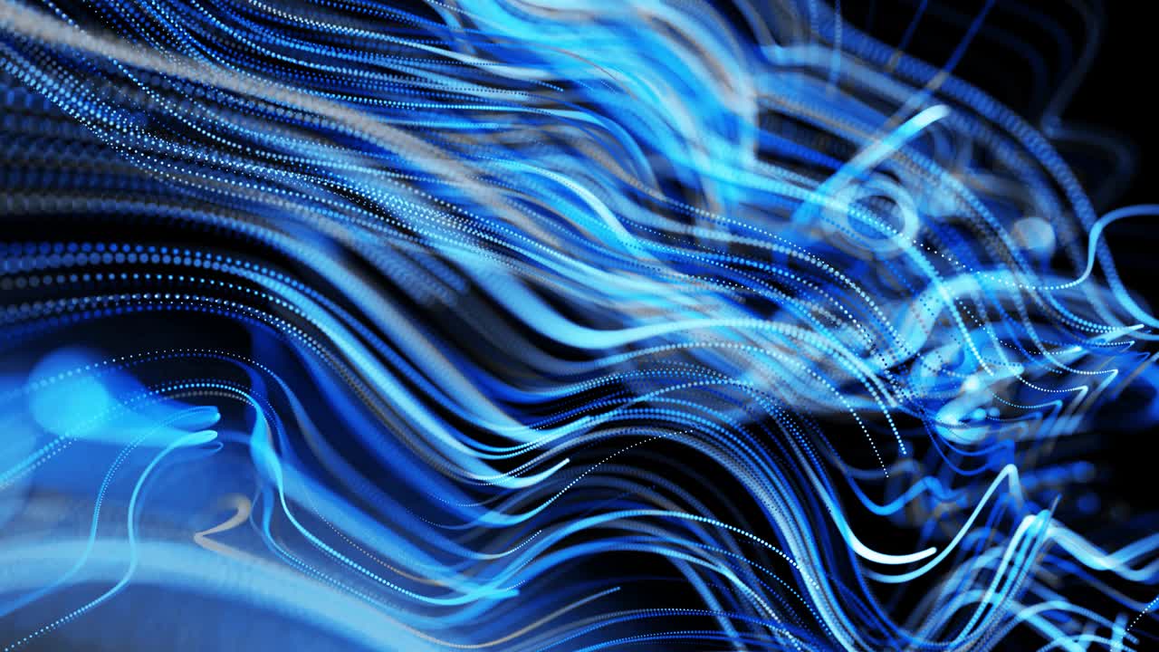 abstracto fondo en bucle 3d con líneas que forman un patrón giratorio como ruido de rizos con rayas de luz. el flujo de partículas forma líneas rizadas como senderos de brillo azul. hermosos remolinos de líneas como bg abstracto