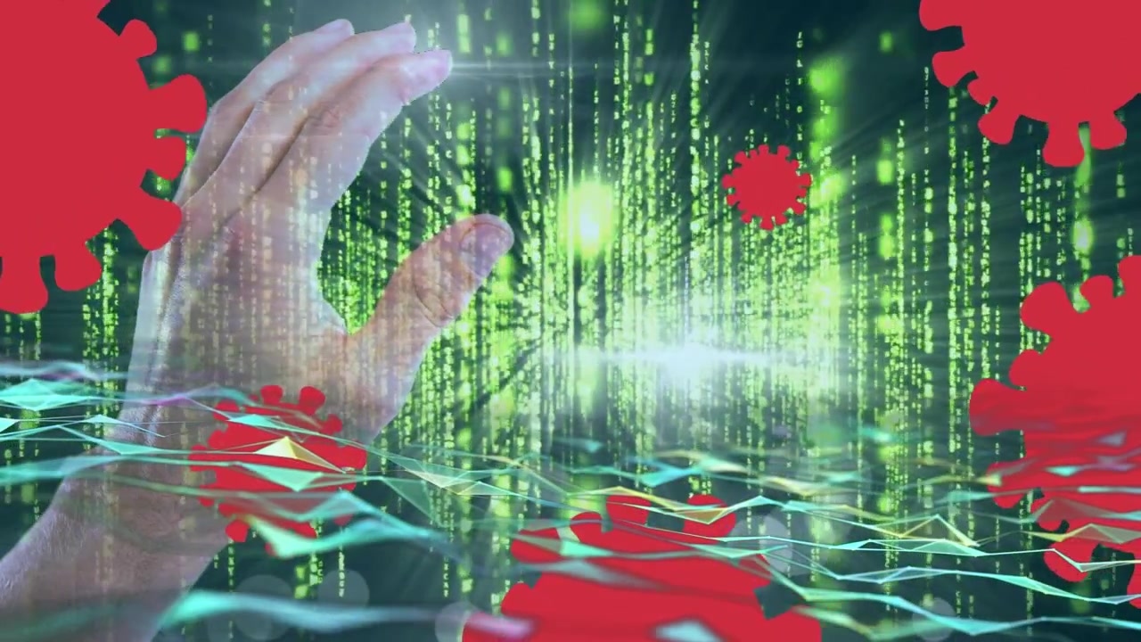 Animation of data processing and shapes and virus cells over hand