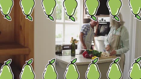 animación de iconos de peras sobre la cocina de una pareja caucásica mayor