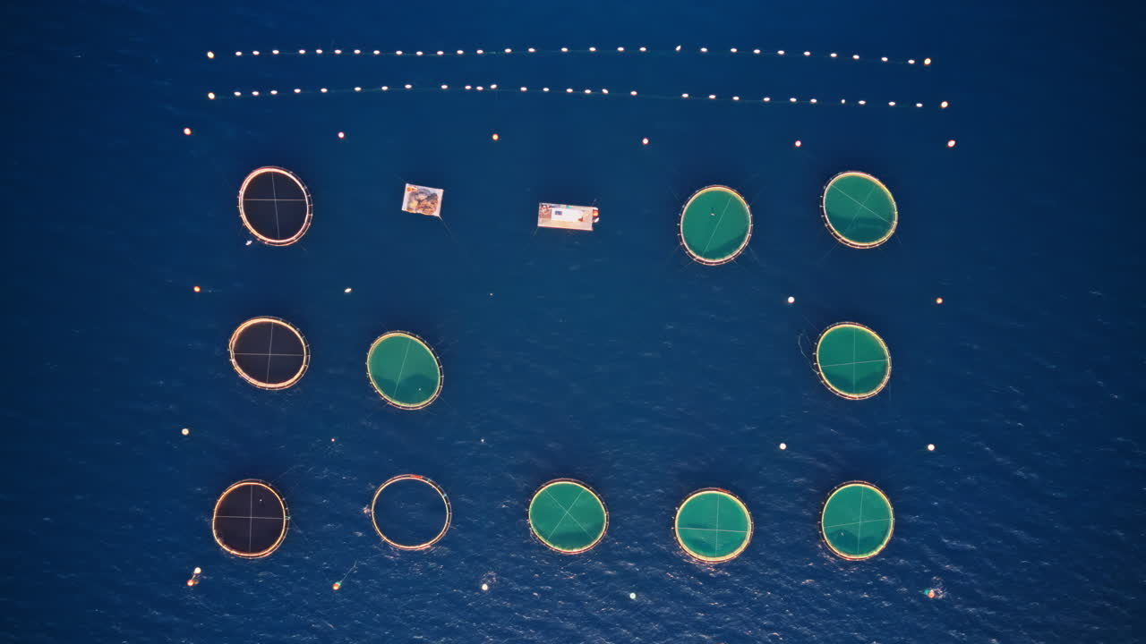 Aerial drone view of offshore aquaculture cages arranged in geometric circular patterns in the deep blue Adriatic Sea