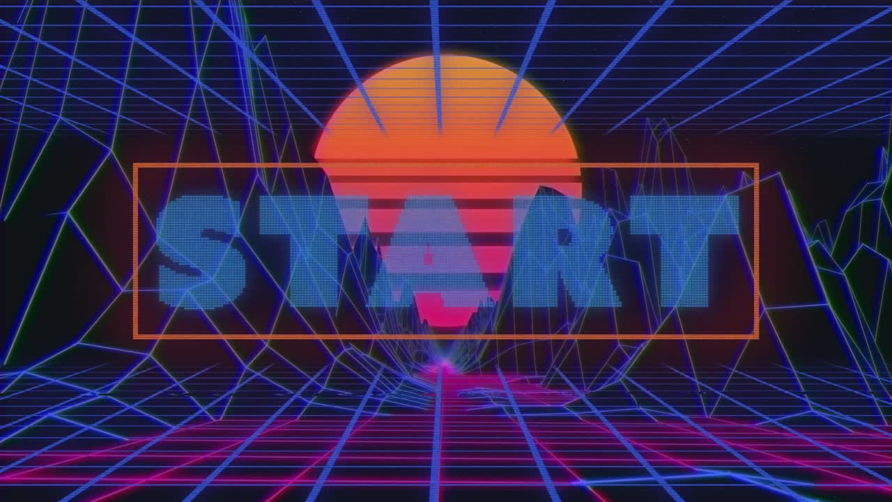 animación del texto de inicio sobre un paisaje digital colorido en una cuadrícula colorida en movimiento