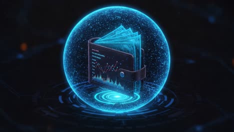 a futuristic digital wallet encased in a glowing sphere, illustrating the intersection of technology and finances in a vibrant visual display