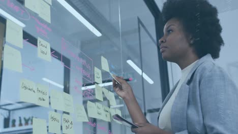 Animation-of-computer-language,-binary-codes-over-african-american-woman-sticking-note-on-glass-wall