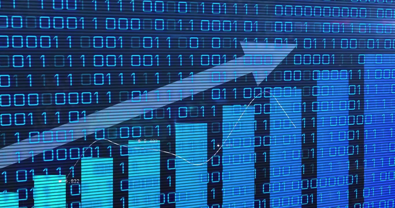 On start showing rising bar chart sweeping arrow shifting line over scrolling binary looping ascent