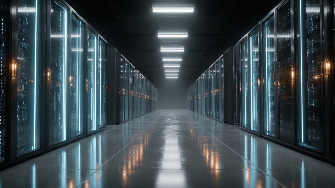 Et imponerende visuelt billede af en topmoderne datacentergang oplyst med futuristisk belysning og førsteklasses serverracks, der fremviser moderne teknologi og innovation.
