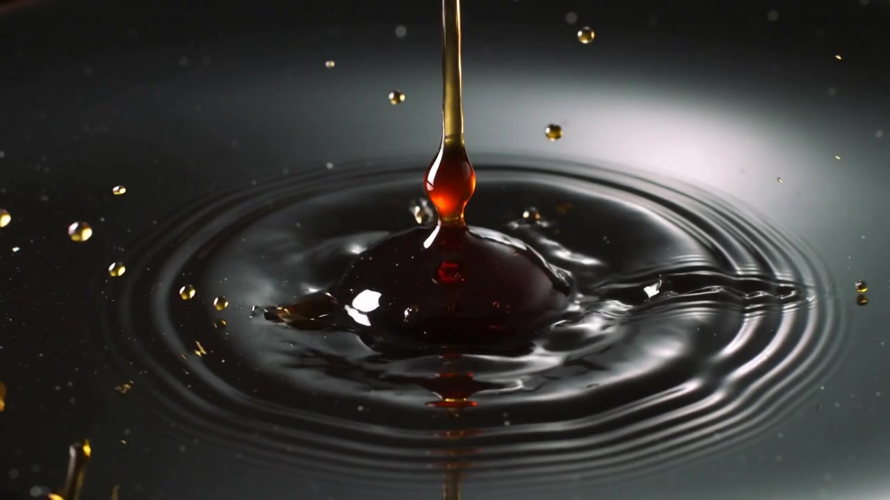 Dropping dark amber droplet from thin stream, striking black basin ...