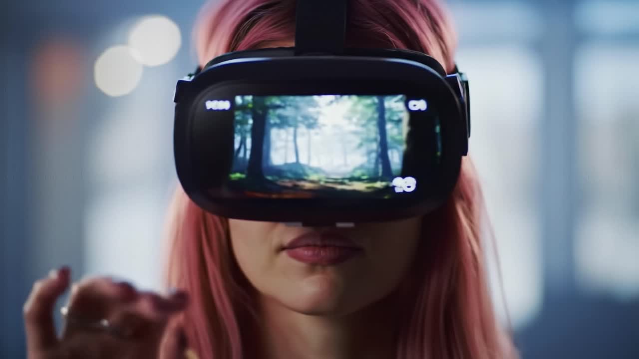 Woman wearing VR headset experiencing a virtual forest