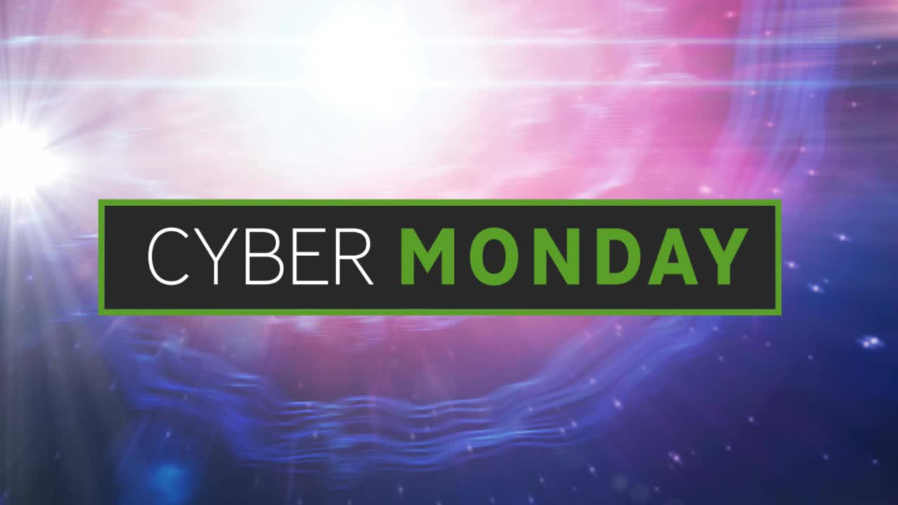 Animation of cyber monday text on black banner over glowing light on pink to purple background