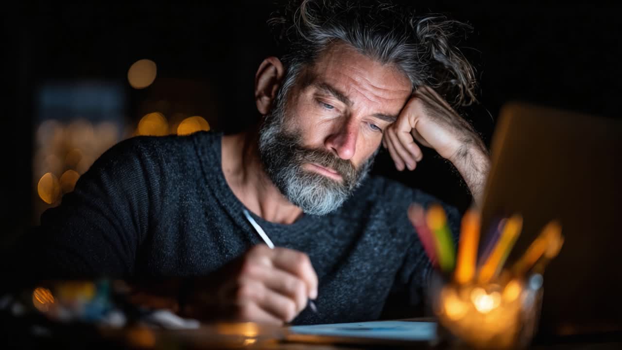 A Thoughtful Artist Deep in Reflection and Creation, Captured in Dim Light While Working on a Personal Project with Intense Focus and Concentration