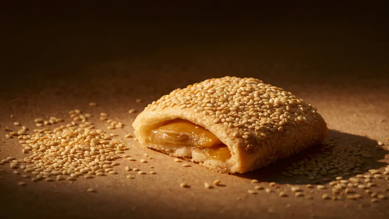 Pushing camera, warm light showing sesame pastry on brown table, revealing yellow filling and seeds