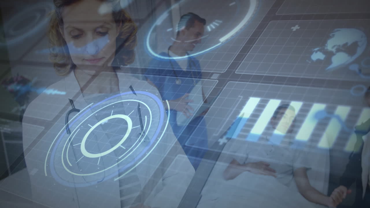 female doctor examining holographic charts, male clinician reviewing tablet near pediatric patient