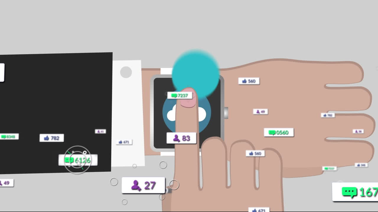 animación de los iconos digitales de las redes sociales flotando sobre el reloj inteligente con fondo gris