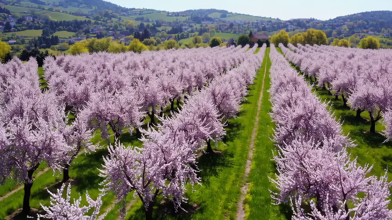 Alberi da frutto rosa in fiore in un frutteto