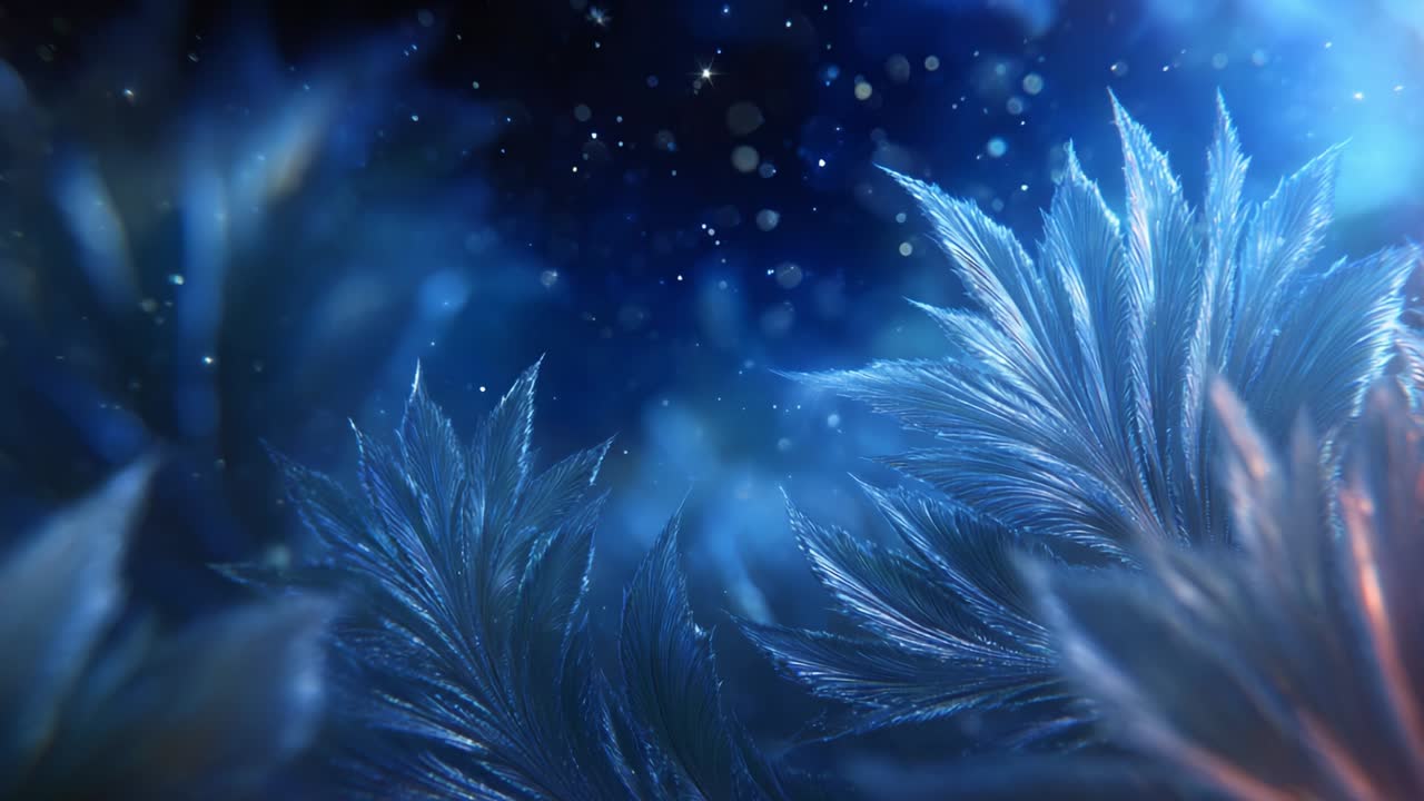 Bezaubernde, frostbedeckte Blätter in ätherischer blauer Umgebung, fesselndes Bild aus filigranen Eiskristallen und schimmernden Lichtern, die ein magisches Winterwunderland erschaffen, ideal für stimmungsvolle Hintergründe