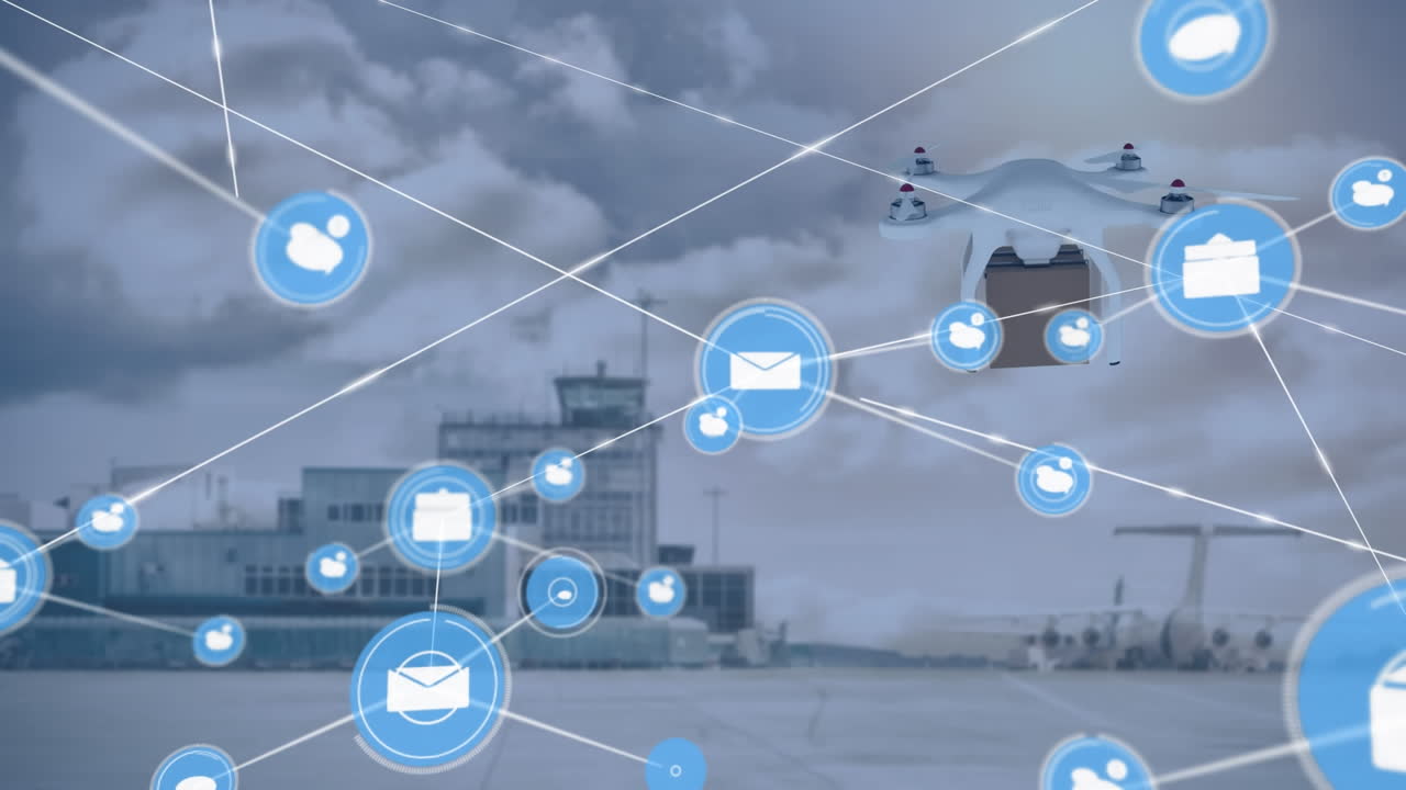 Animation of network of connections over drone with parcel over airport