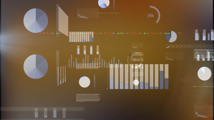 Animation of screens with statistical data processing against yellow gradient background
