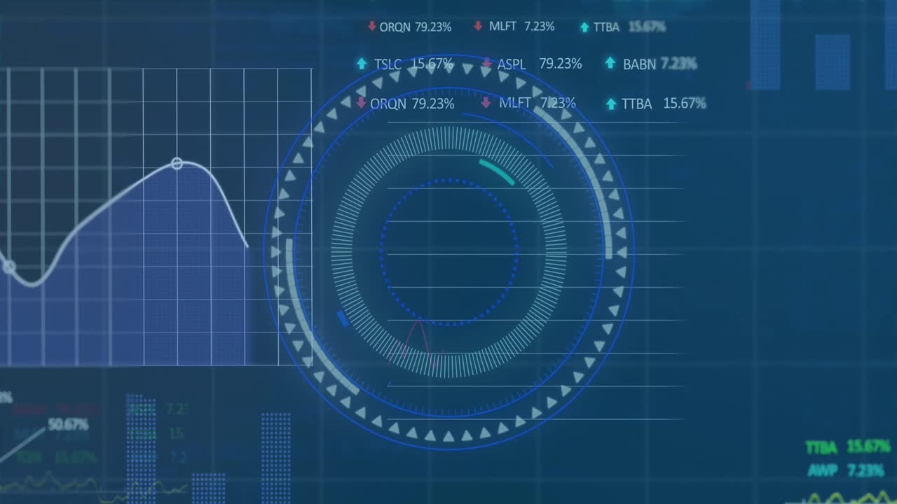 Animation of illuminated circles over multiple graphs and trading boards on abstract background