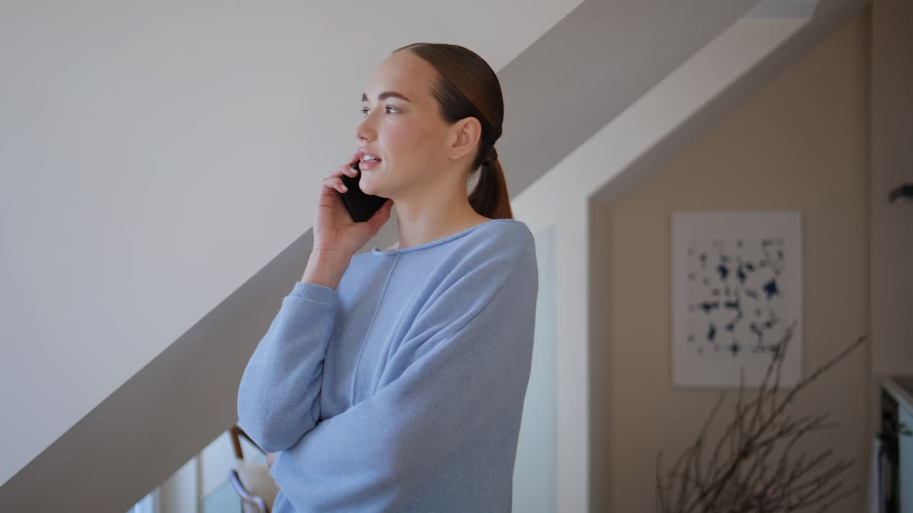 Closeup home woman calling in bedroom early morning. Joyful happy girl talking