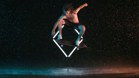 amazing skateboarding ollie trick in rain lighting, super slow motion