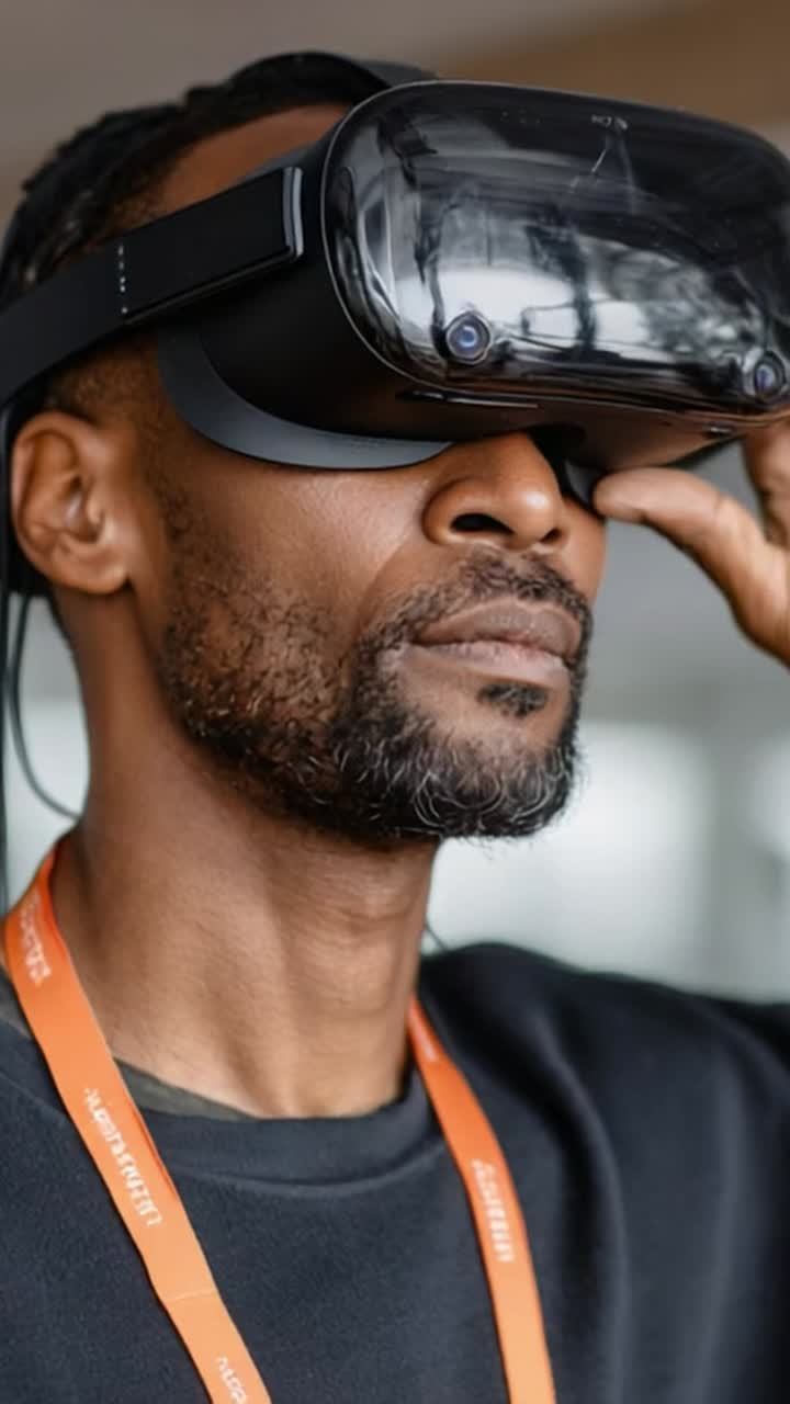 Una persona vive la realtà virtuale immersiva attraverso una tecnologia avanzata di visori da testa, che mostra il futuro dell'interazione e del coinvolgimento digitali