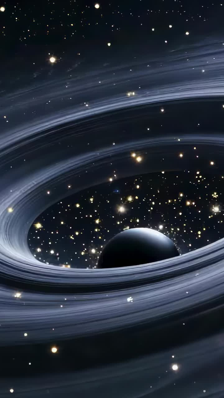 Vertical video: With drifting view rotating dark sphere with blue rings revealing stars in space