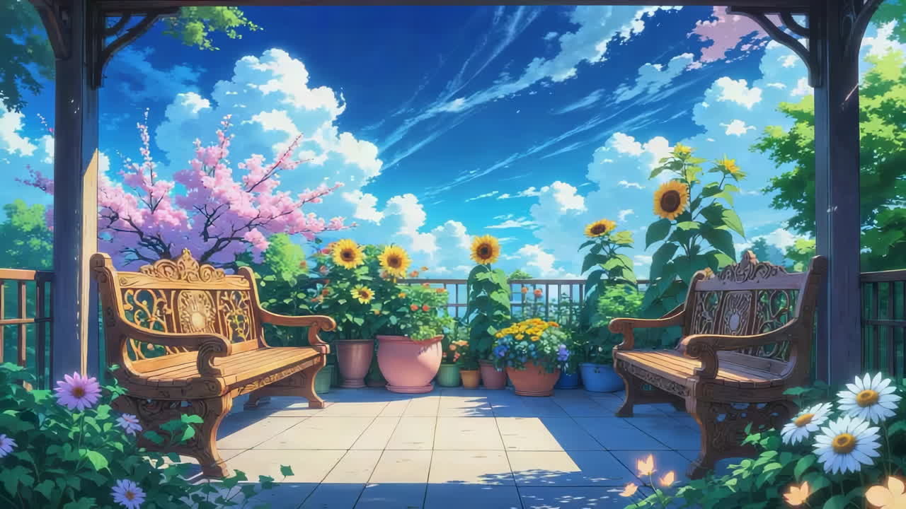Sunny Balcony Garden with Sunflowers and Cherry Blossoms