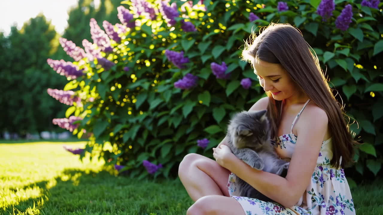 Young woman playing with her cat in a sunny garden