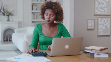 young african american business woman using on calculator sits in home office