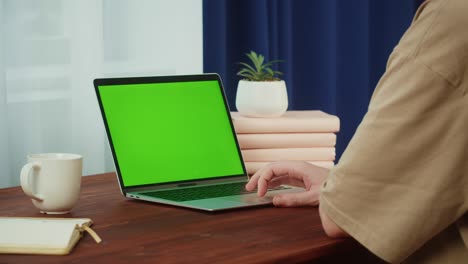 man student using laptop with chroma key close-up. young guy typing on computer with green screen. businessman uses keyboard, green display.