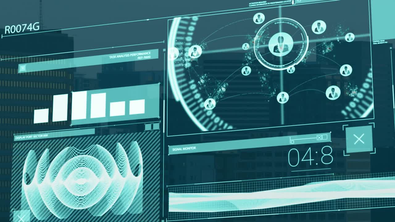 Animation of data processing over cityscape