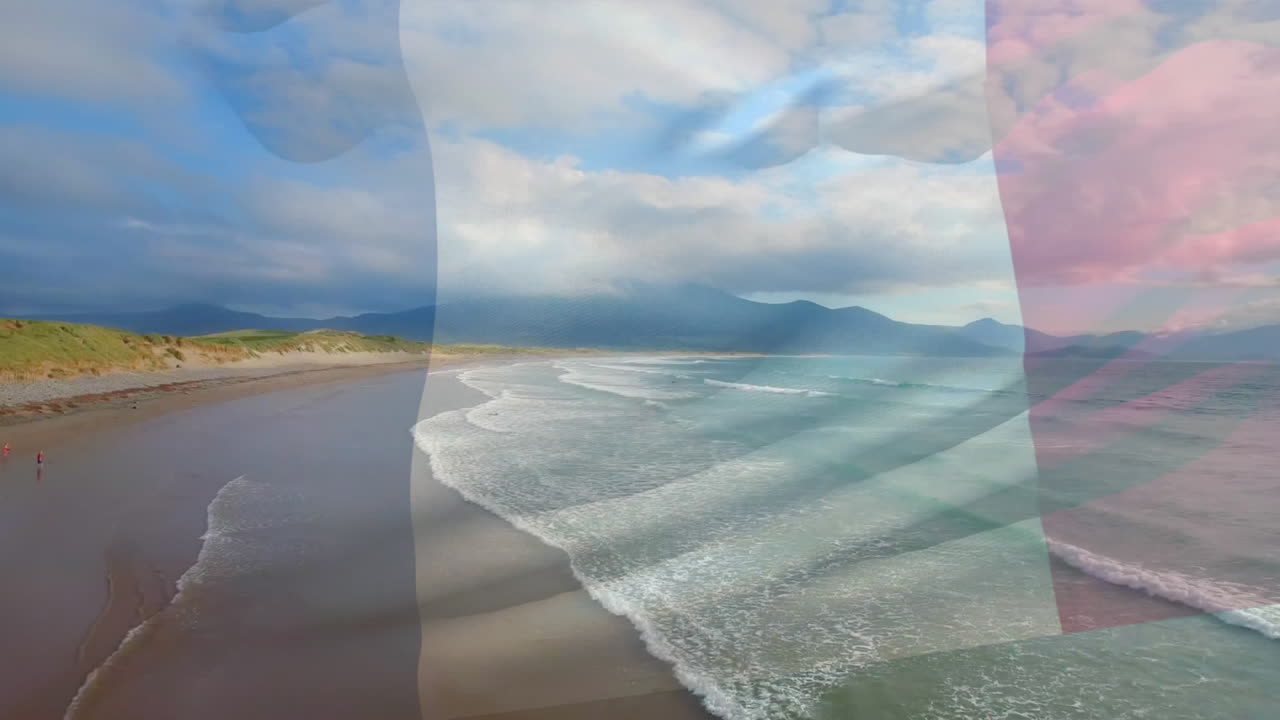 animación de la bandera de francia soplando sobre el paisaje de la playa