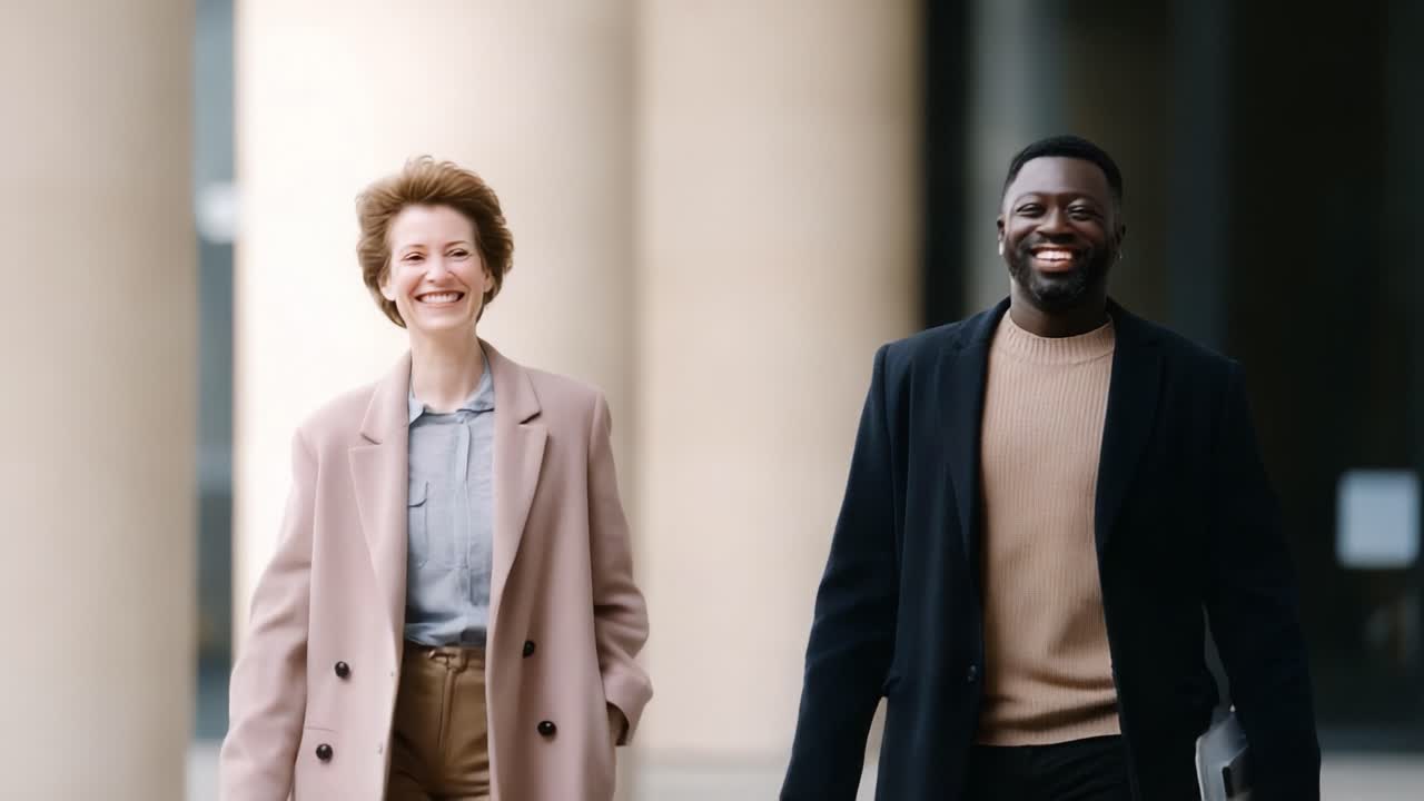 Une rencontre joyeuse : deux professionnels se promenant agréablement ensemble, rayonnant de positivité et de connexion au milieu d'une architecture moderne
