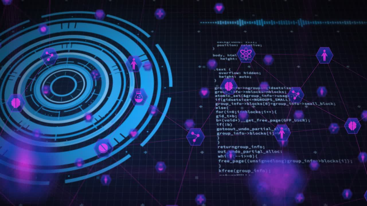 Magenta orbs rising drifting right initiating HUD rotating hex nodes linking code showing data flow