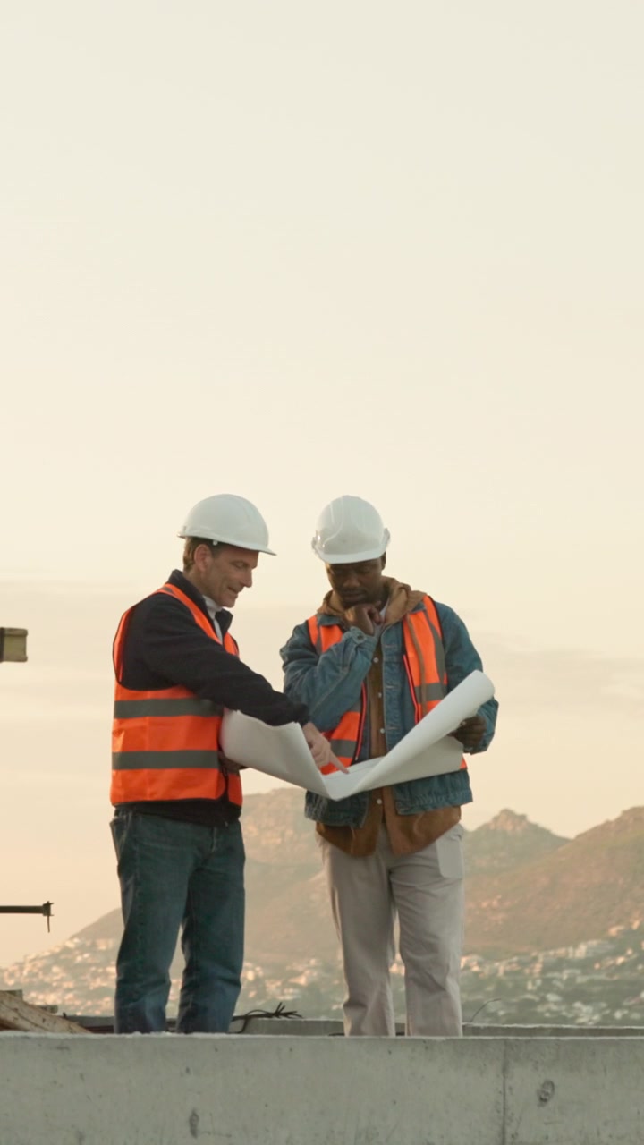 Two Construction Engineers Reviewing Blueprints on a Building Site