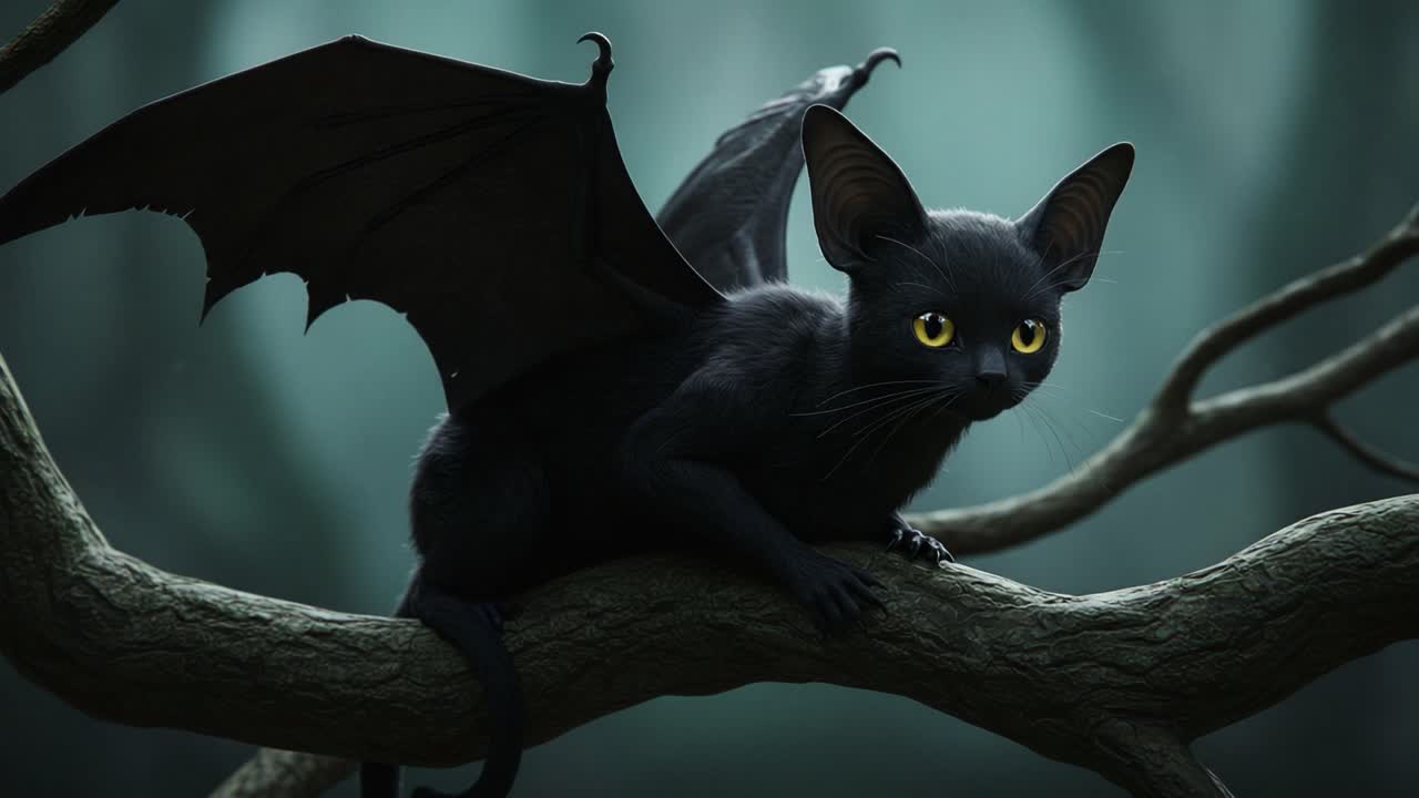A Mystical Black Creature with Bat Wings Perched on a Branch in a Mysterious Forest, Combining Feline and Fantasy Attributes in an Enigmatic Scene