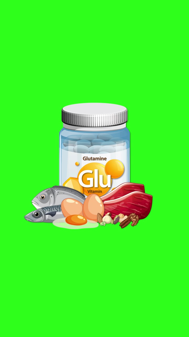Glutamine supplement bottle with fish, meat, eggs, and nuts appearing sequentially on green background