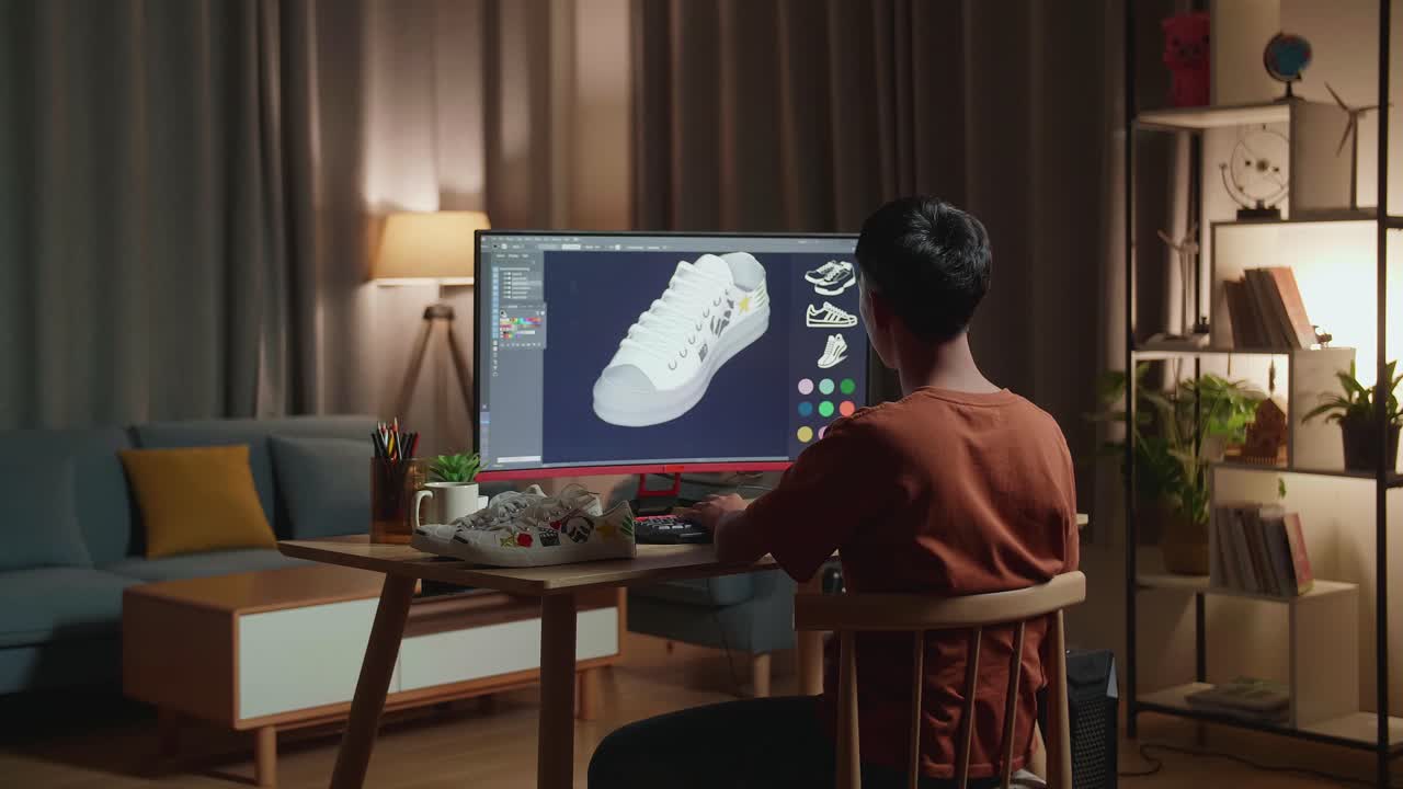 joven diseñando zapatos en software de diseño 3d