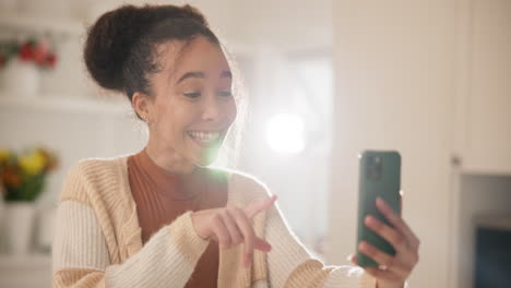 home, smile and woman with a smartphone