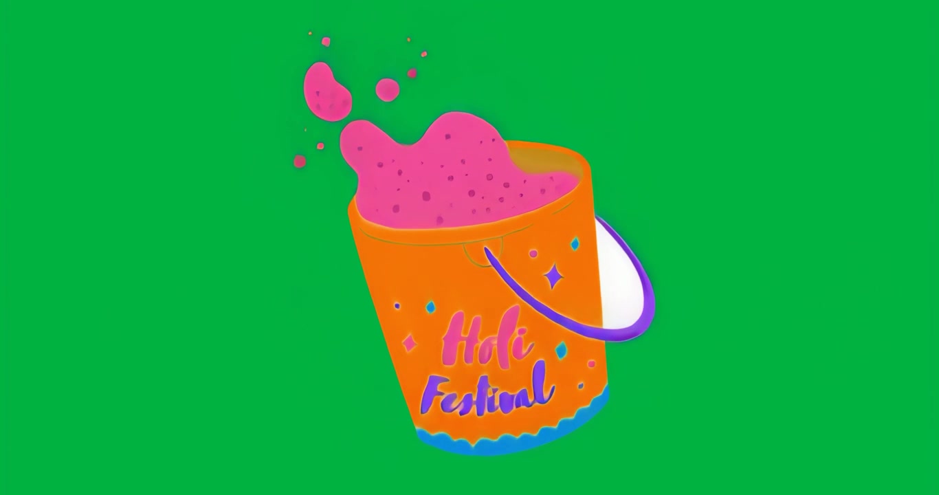 Polvo elevándose al inicio del Festival Holi, un cubo girando y lanzando gotas rosas sobre un fondo claro