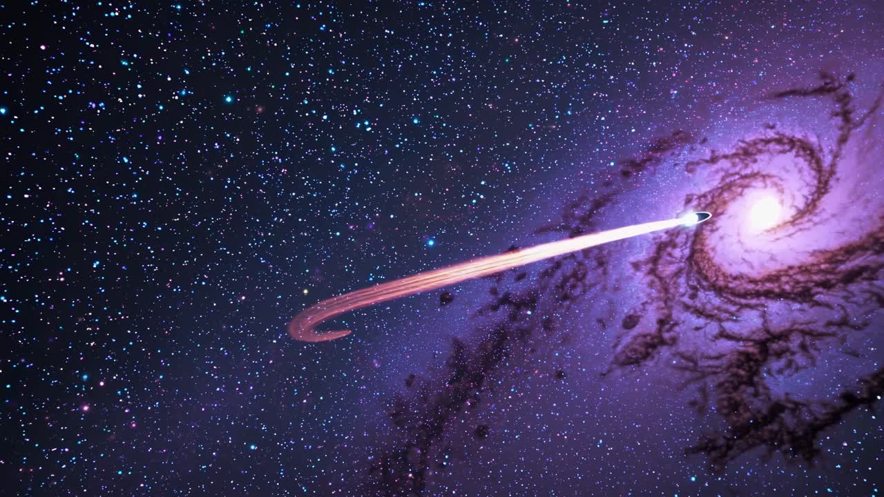 Un ipnotico scatto grandangolare di una galassia, che cattura stelle turbinanti e polvere cosmica, perfetto