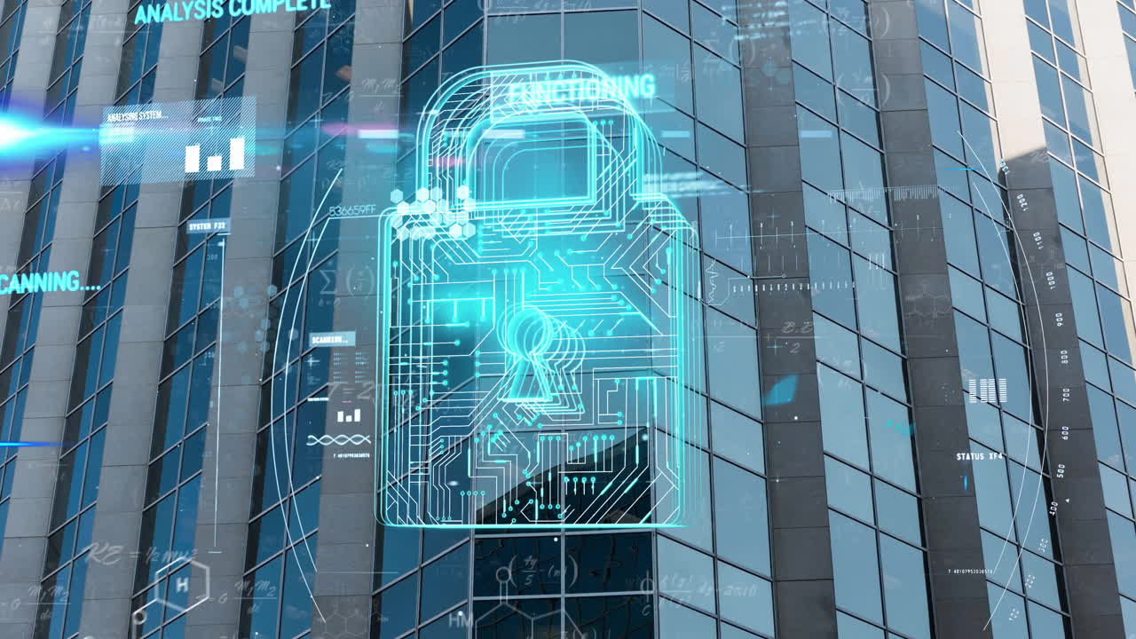Animation of data processing with padlock icon and mathematical equations over office building