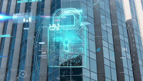 animation of data processing with padlock icon and mathematical equations over office building