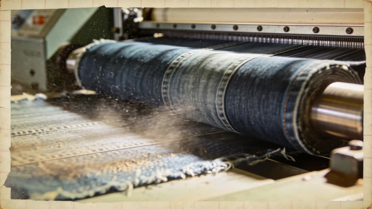 Roterende denim-beklædt rulle, der føder flosset denim, producerer fnuller ved fabrikslinjen med aksel