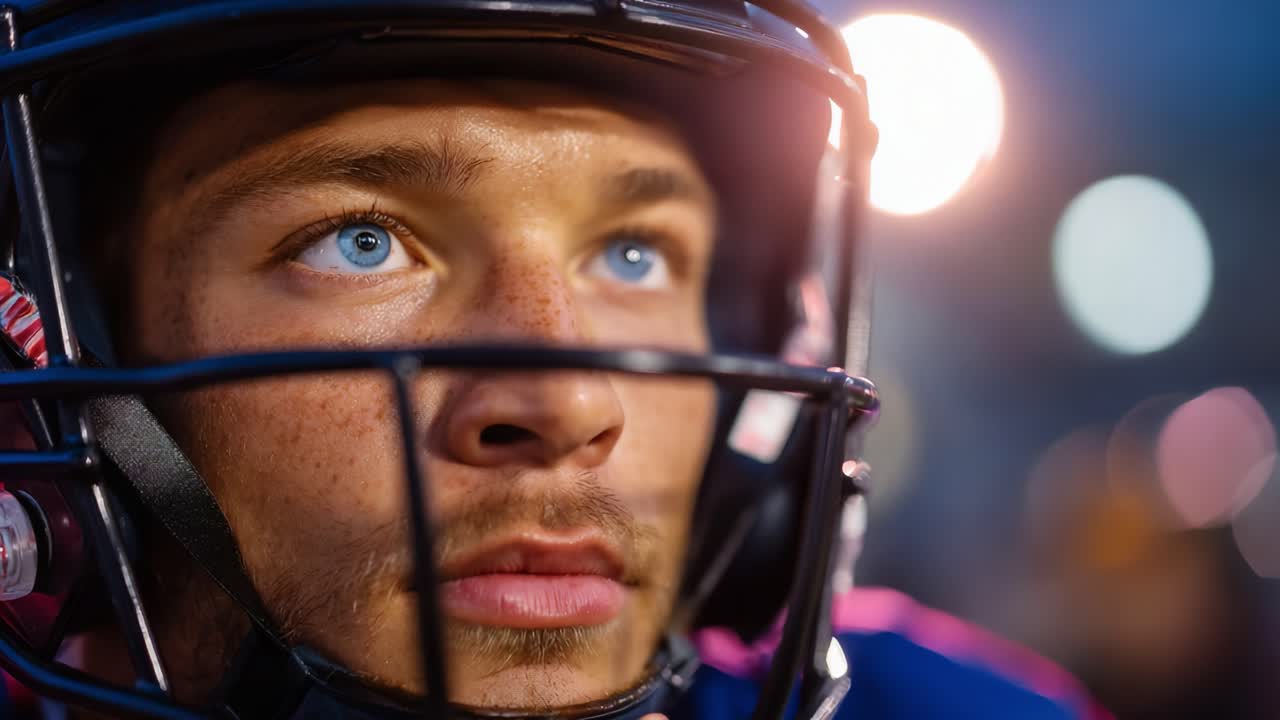 Ein fokussierter Athlet mit Footballhelm, bereit, sich der bevorstehenden Herausforderung mit großer Entschlossenheit zu stellen und den Sieg unter den Stadionlichtern fest im Blick zu haben