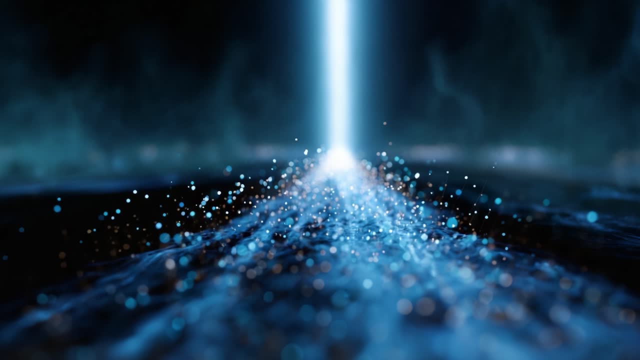 Un vivace viaggio visivo attraverso un flusso dinamico di particelle, illuminate da un potente fascio di luce, che mostra effetti ipnotici in un'atmosfera oscura.