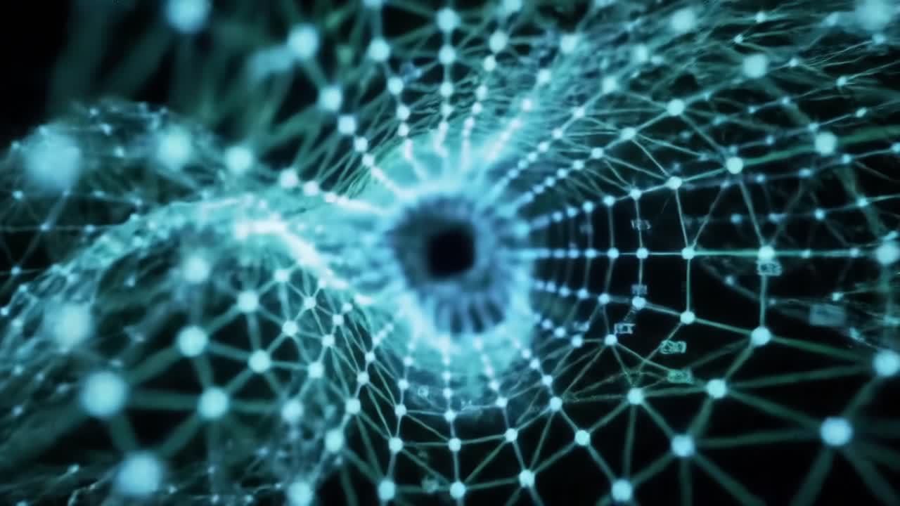 A mesmerizing view of interconnected networks, showcasing a dynamic tunnel-like structure composed of glowing nodes and intricate lines, symbolizing the beauty of technology and innovation