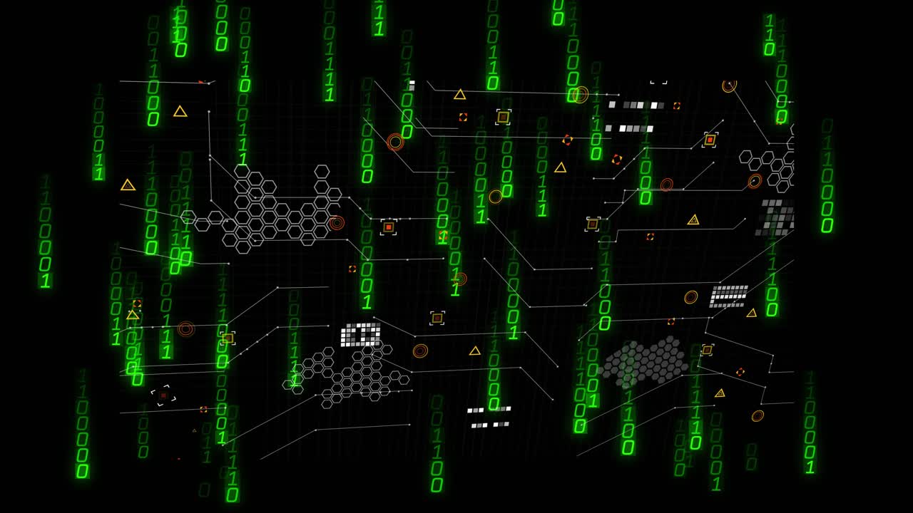 After green binary drop, network animating code, linking hex-cell nodes visualizing connectivity