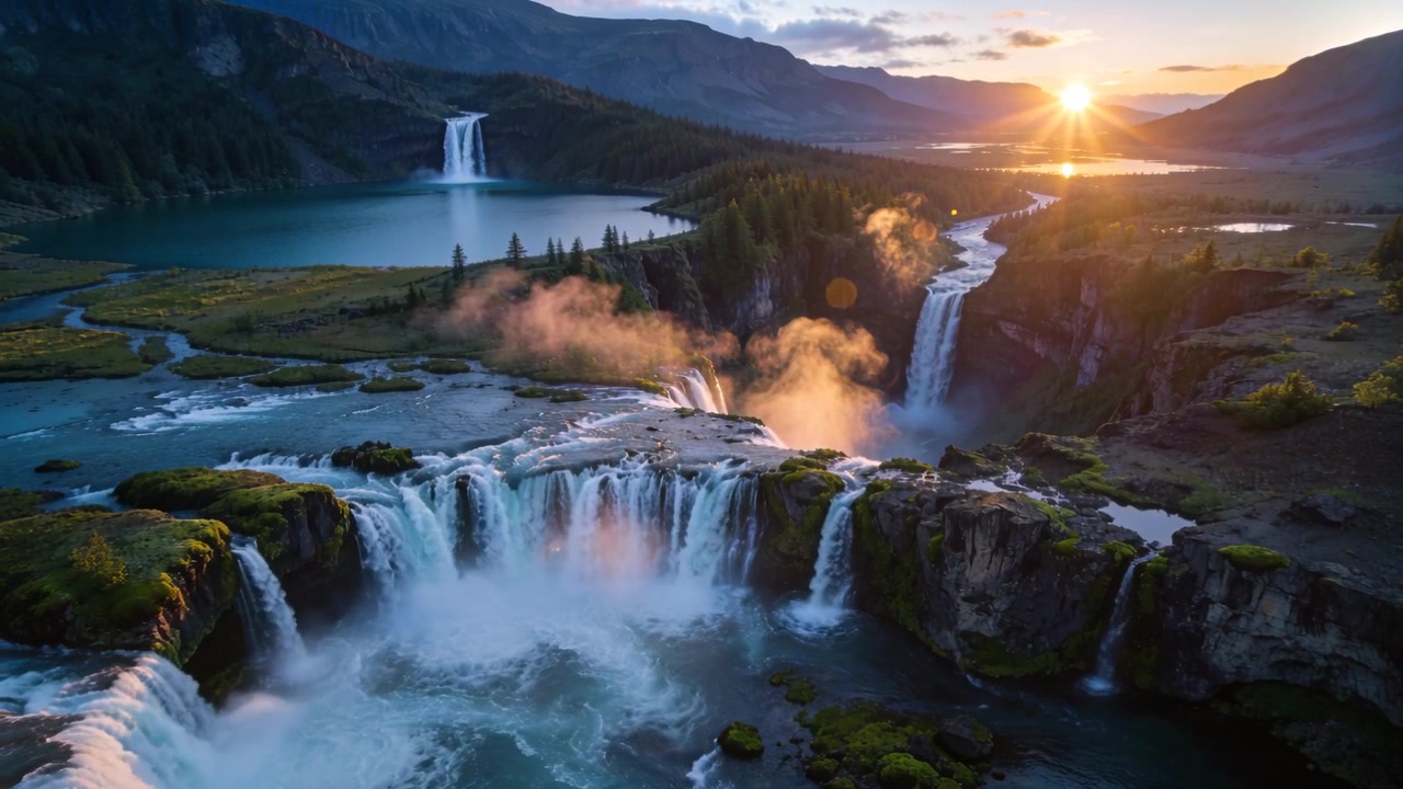 Mostrando cascadas escalonadas fluyendo hacia una poza turquesa en un valle, con el sol asomándose sobre la cresta e iluminando la niebla.