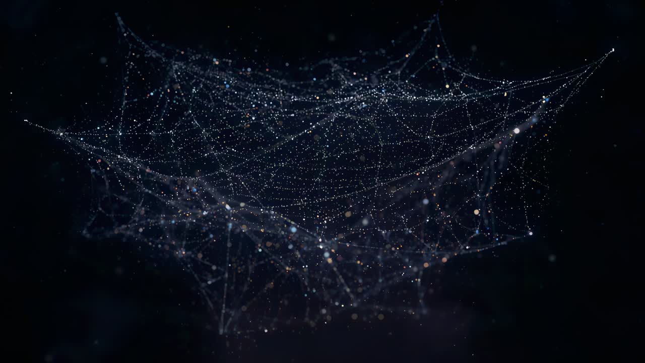 Evolving suspended 3D network densifying over five frames in dark void, with nodes and filaments